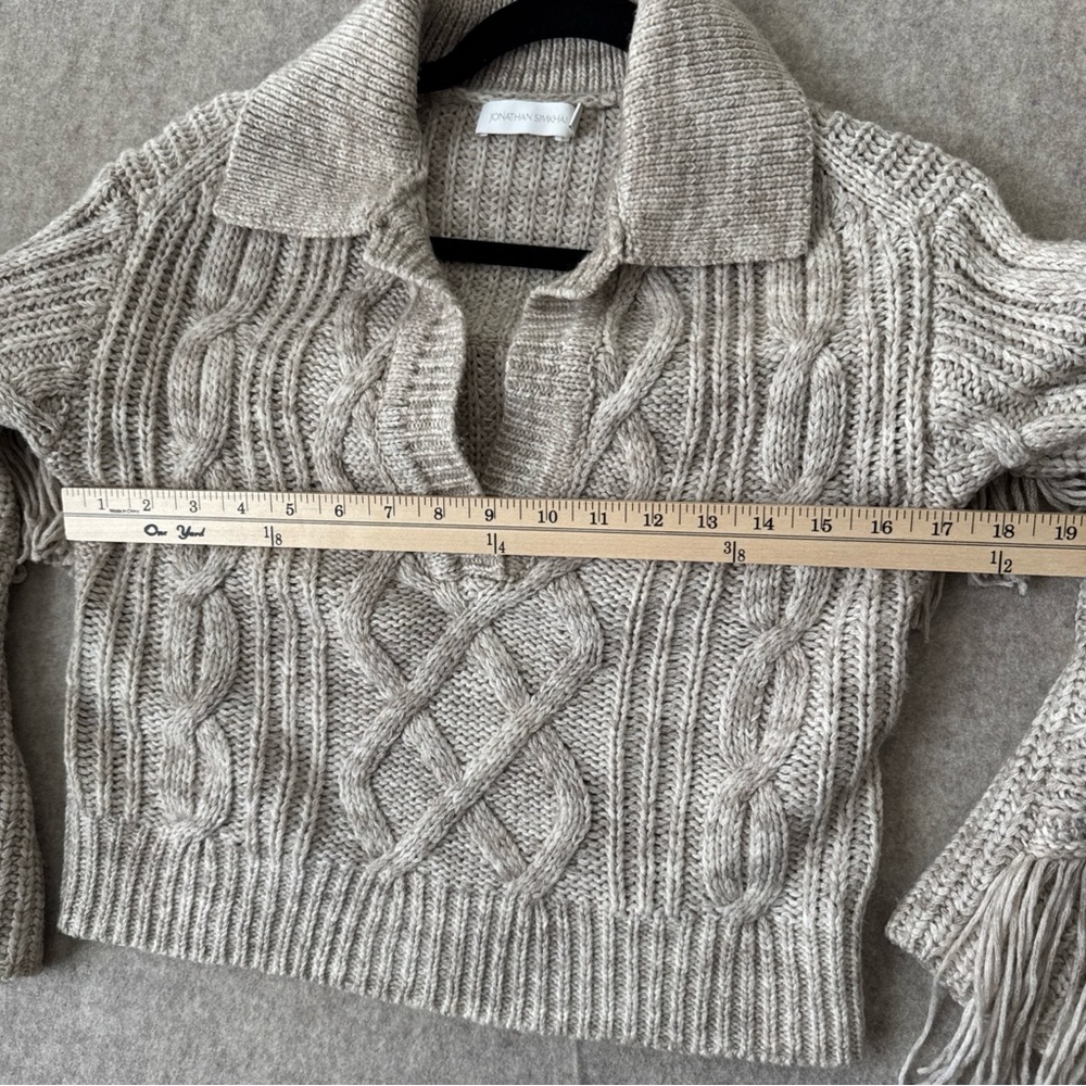 Jonathan Simkhai Kara Mouline Cable Knit Fringe Polo Sweater Beige - Picture 6 of 11